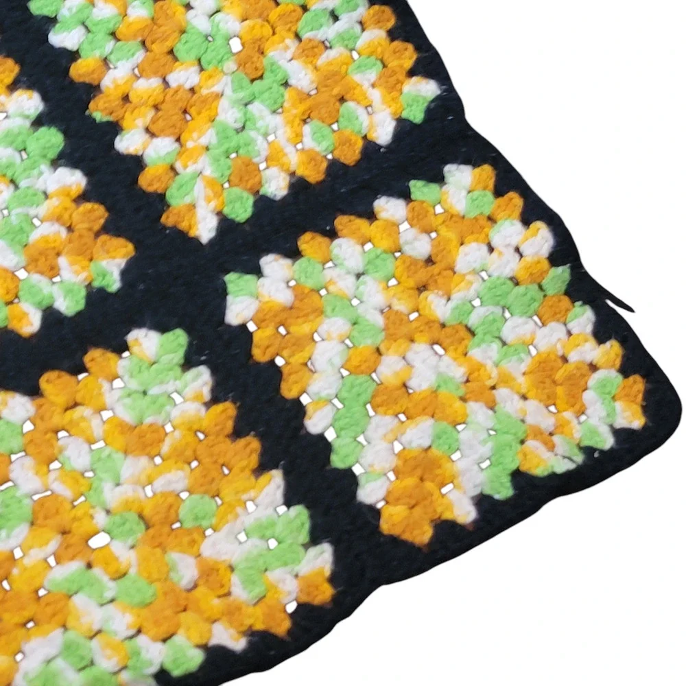 Granny Square Afghan Blanket Black Gold Lime Green White Throw 52